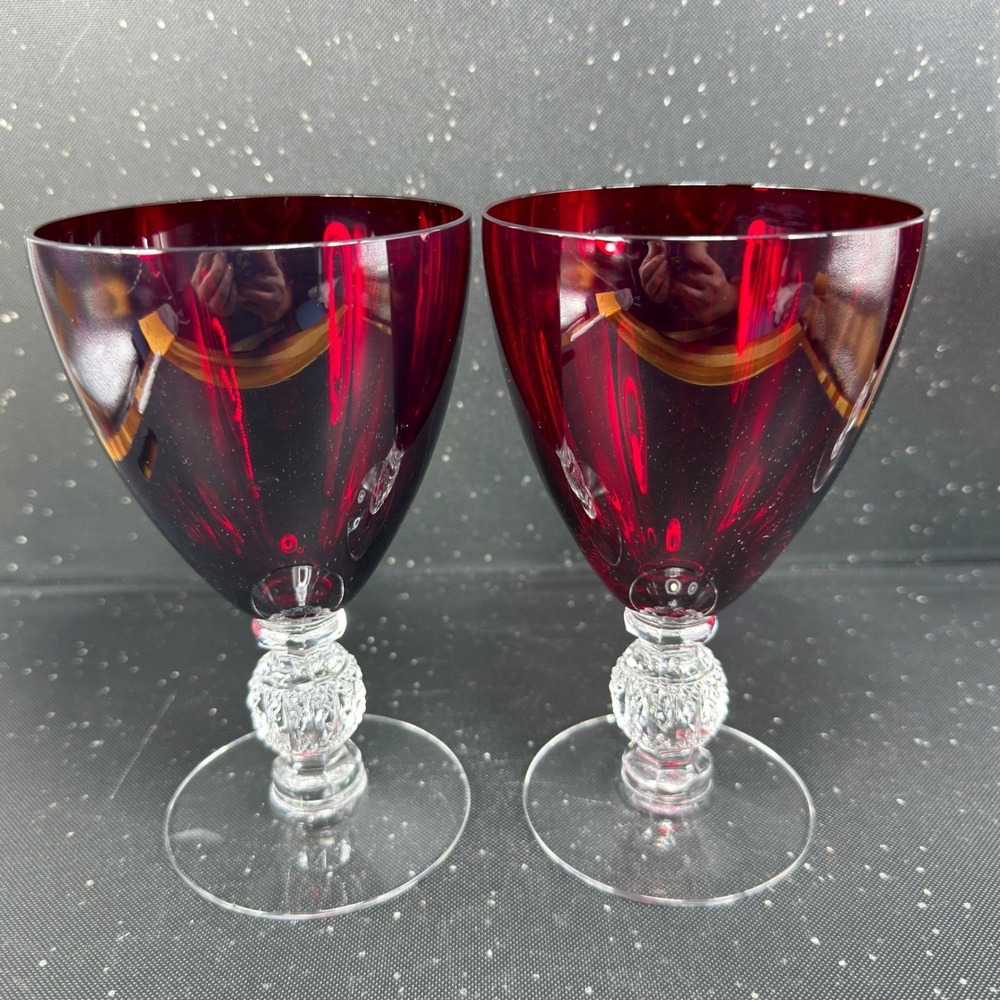 Morgantown Golf Ball Ruby Red Water Goblets Clear Stem Vintage Glassware Set 2